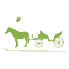 Vector illustration with horse-drawn carriage and oak leaf. Travel and leisure.