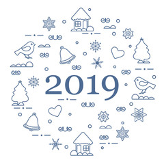 Happy New Year 2019 card. Vector illustration.