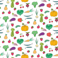Seamless pattern with cartoon fruits and vegetables.