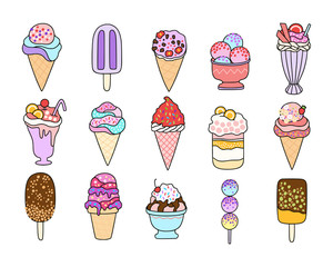 Ice cream colorful vector set. Hand drawn summer dairy desserts.