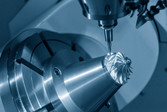 The 5-axis CNC milling machine cutting the turbine part with the taper ball endmill tool.The table tilt type of 5-axis machining center cutting the aero space parts.