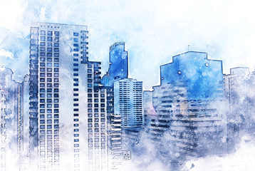 Abstract colorful building in the city on watercolor illustration painting background.