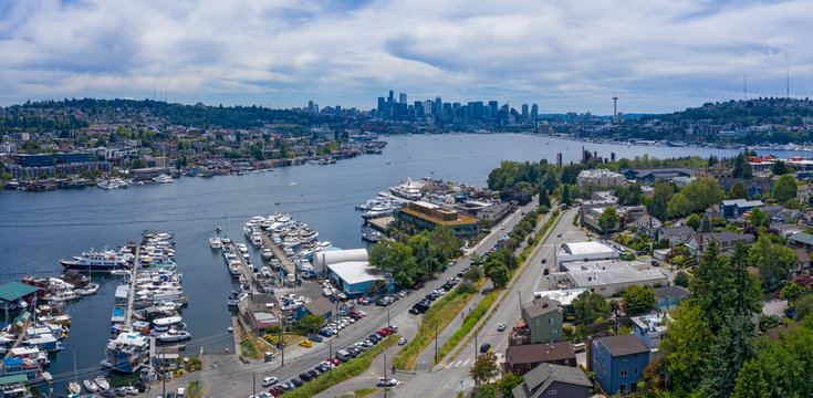 Seattle Aerial View of Lake Union Ship Docks Gas Works Downtown Skyline Wallingford