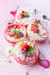Panna cotta with berry sauce, raspberries and fresh mint.