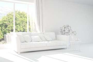 Mock up of stylish room in white color with sofa and green landscape in window. Scandinavian interior design. 3D illustration