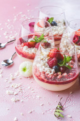 Panna cotta with berry sauce, raspberries and fresh mint.