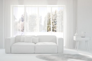 Mock up of stylish room in white color with sofa and winter landscape in window. Scandinavian interior design. 3D illustration