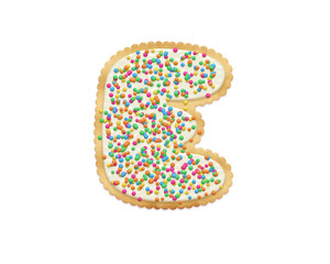 Letter E made of cookie isolated on white background