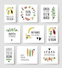 Set of Hand drawn vegetables, fruits and eco friendly words. Vector artistic doodle drawing food and Vegan quote cards. Vegetarian illustration and positive text
