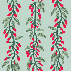 Seamless pattern of goji berries/ goji berry growing on vertical stem. Vector illustration.