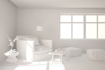 Naklejka na ściany i meble Mock up of stylish room in white color with armchair. Scandinavian interior design. 3D illustration
