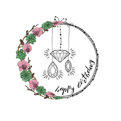 Hand drawn doodle style asymmetric succulent and orchid flowers wreath.
