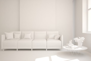 Mock up of stylish room in white color with sofa. Scandinavian interior design. 3D illustration