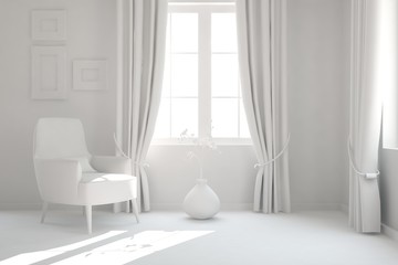 Mock up of stylish room in white color with armchair. Scandinavian interior design. 3D illustration