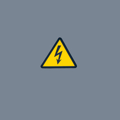 High voltage sign on a gray background electrical shield. Black lightning inside a yellow triangle...