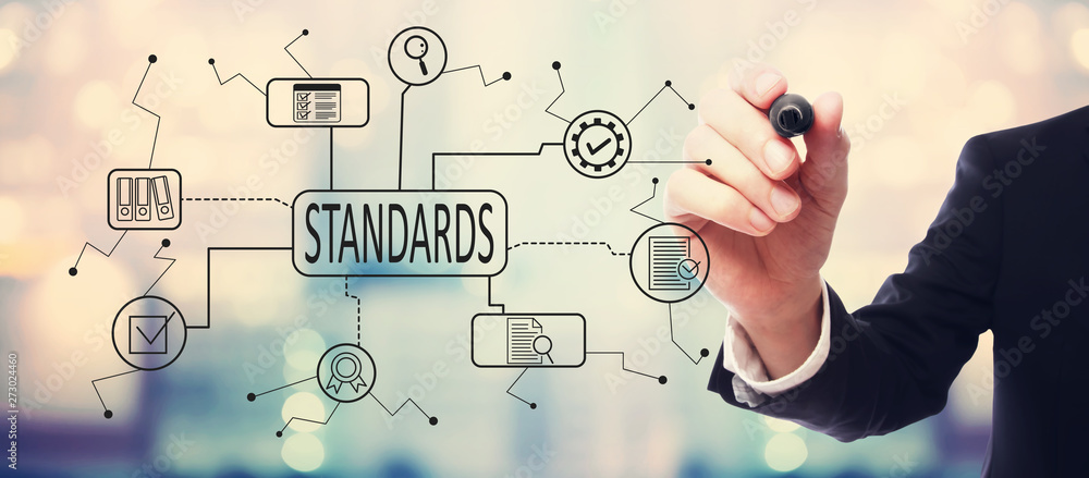 Poster standard quality control approval with businessman on blurred abstract background