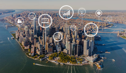 Marketing concept with aerial view of Manhattan, NY skyline