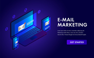 Email marketing isometric template concept for advertising campaign, reaching e-mail marketing target audience and e-marketing with emails, laptop, tablet, mobile phone landing page, header banner