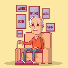 Old man remembering is life of work vector illustration. Retirement, life, work, senior, aged design concept