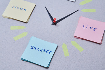 Work life balance choice concept. Clock arrows between stickers with inscriptions