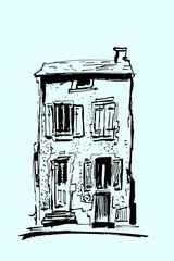 Ink sketch of buildings. Hand drawn illustration of Houses in the European Old town. Travel artwork. Black line drawing isolated on blue background.