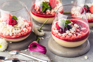 Panna cotta with berry sauce, raspberries and fresh mint.