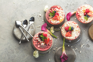 Panna cotta with berry sauce, raspberries and fresh mint.
