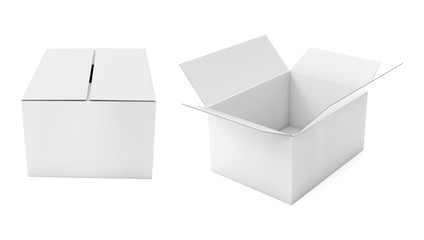 Closed and open white corrugated carton box. Big shipping packaging. 3d rendering illustration isolated
