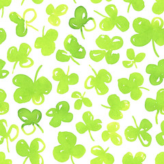 Bright hand painted watercolour pattern, paper texture. Seamless clover ornament for creative design of posters, cards, banners, invitations, cloths, prints and wallpapers. 