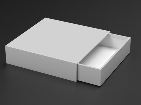 Slider box. Gray blank open box mock up. On black background. 3d rendering illustration