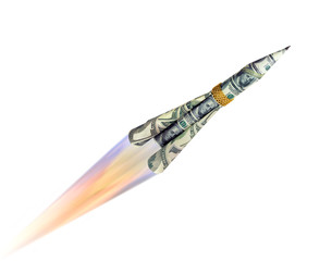 Concept of take-off of dollar currency in the form of a rocket up