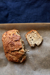 Piece of homemade banana bread. Top view.