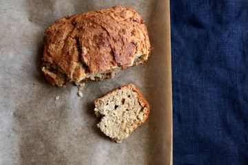 Piece of homemade banana bread. Top view.