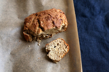 Piece of homemade banana bread. Top view.