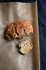 Piece of homemade banana bread. Top view.