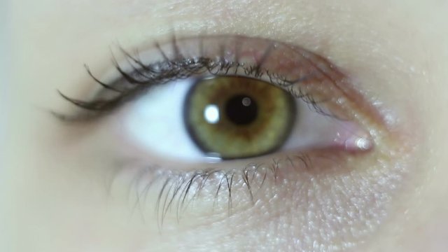 Green-brown eye of a beautiful young girl close-up. Blinking and constriction of the pupil. Macro shooting