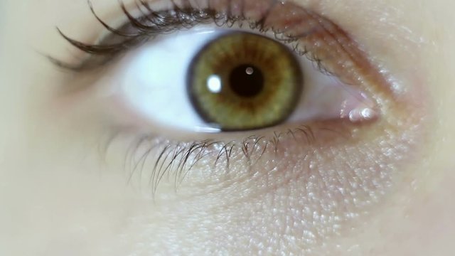 Green-brown eye of a beautiful young girl close-up. Blinking and constriction of the pupil. Macro shooting