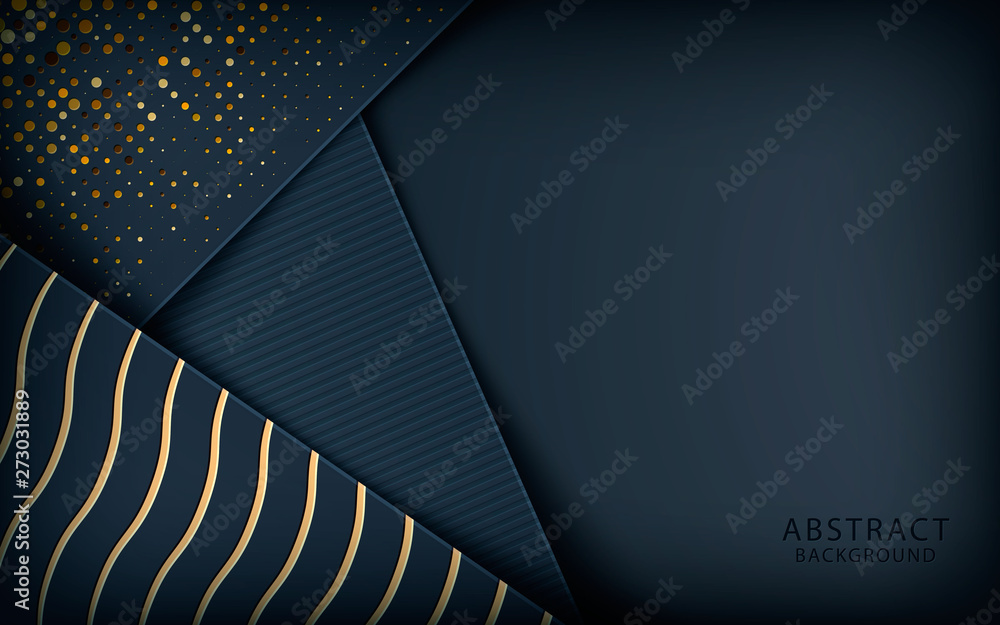 Poster Dark abstract background with black overlap layers. Realistic golden texture and golden glitters dots element decoration.