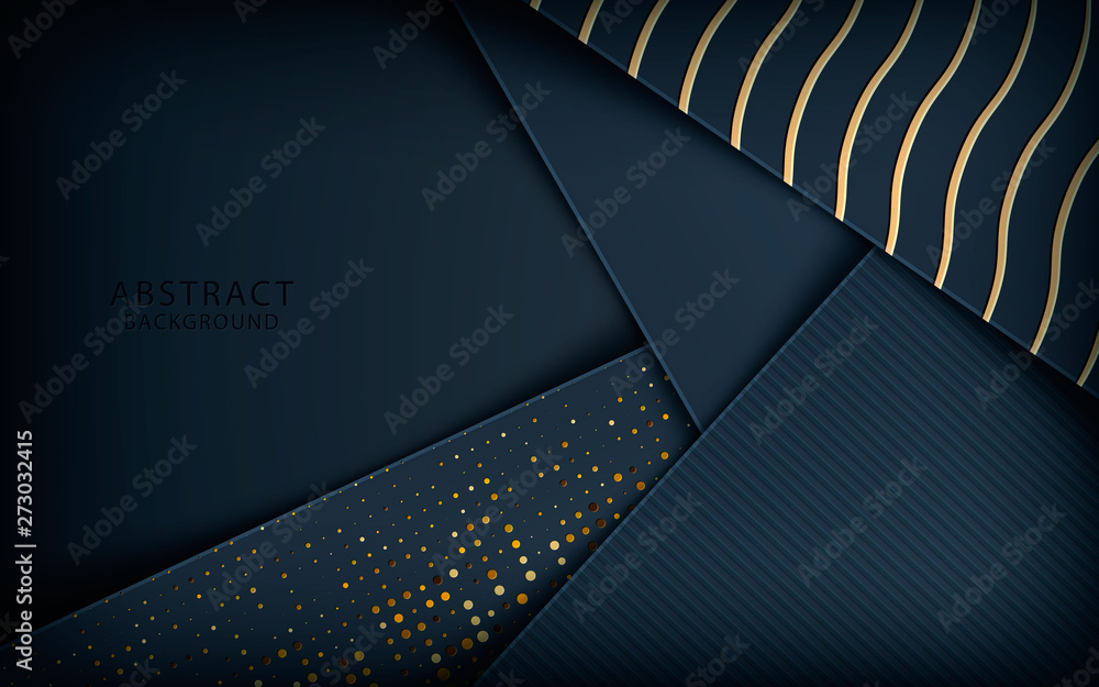 Poster dark abstract background with black overlap layers. realistic golden texture and golden glitters dot