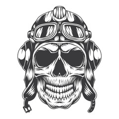 Isolated illustration of pilot skull. Vector black and white illustration.
