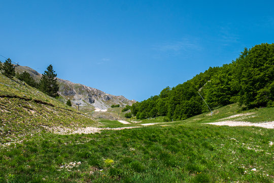 Mountains of Roccaraso with skilifts in summer, the (plateau) Piano Aremogna and Pizzalto, Monte Greco, Monti Marsicani highest group of Apennines. L'Aquila,  Abruzzo, Italy