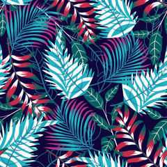 Summer bright seamless pattern with tropical leaves and plants on a gentle dark background. Vector design. Jungle print. Floral background. Printing and textiles. Exotic tropics. Summer design.