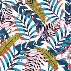 Summer bright seamless pattern with tropical leaves and plants on a gentle light white background. Vector design. Jungle print. Floral background. Printing and textiles. Exotic tropics. Summer design.