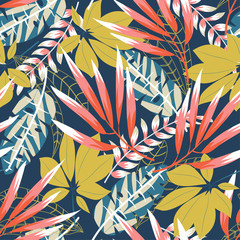 Seamless pattern with bright tropical leaves and plants on a delicate dark blue background. Vector design. Jungle print. Floral background. Printing and textiles. Exotic tropics. Summer design.