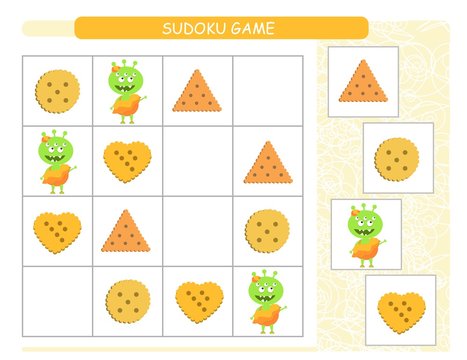 Sudoku for kids. Kids activity sheet. Training logic, educational game. Sudoku game with funny monsters.