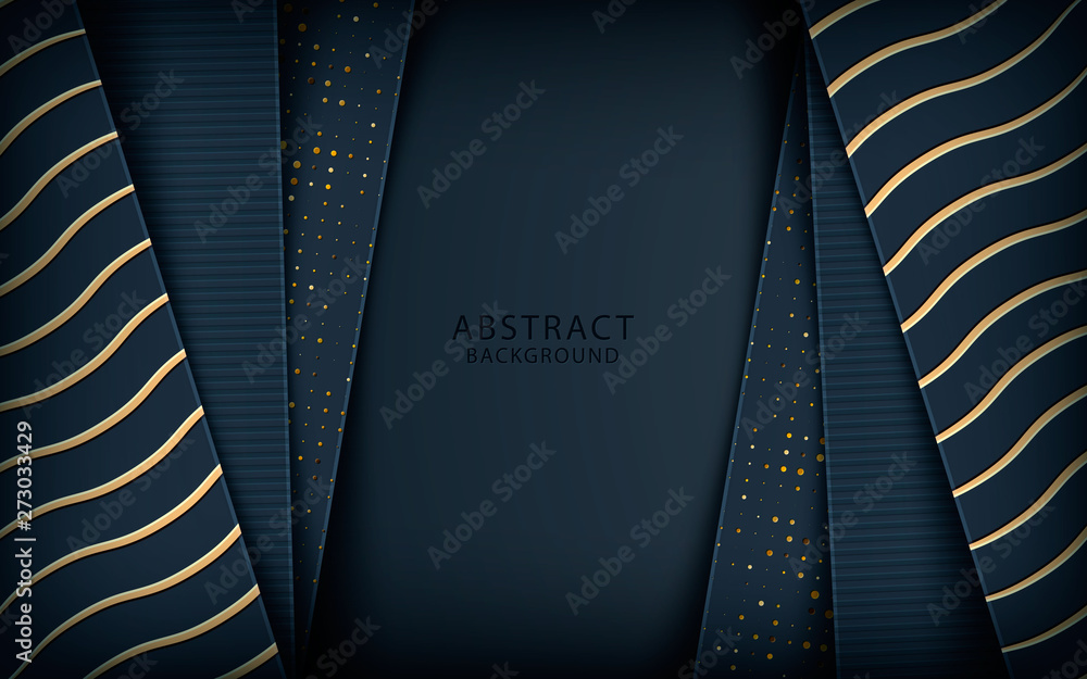Poster dark abstract background with black overlap layers. realistic golden texture and golden glitters dot
