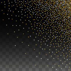 Gold Glitter Vector Texture on a Black. Golden Glow Pattern. Golden Christmas and New Year Snow. Golden Explosion of Confetti. Star Dust. Abstract Flicker Background with a Party Lights Design. 