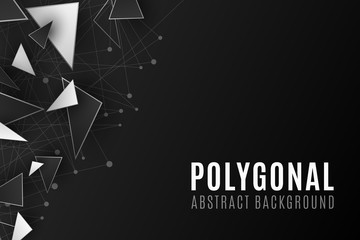 Polygonal shapes. Modern background for your design brochure. Low poly. Black and white triangular forms. Connected lines and dots. Plexus. Vector illustration