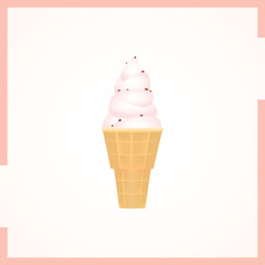 Icon of strawberry ice cream with chocolate chips in a waffle cup