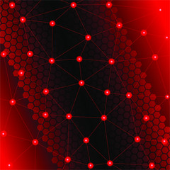 Red background of technological subject. Red point on the polygonal mosaic vertex